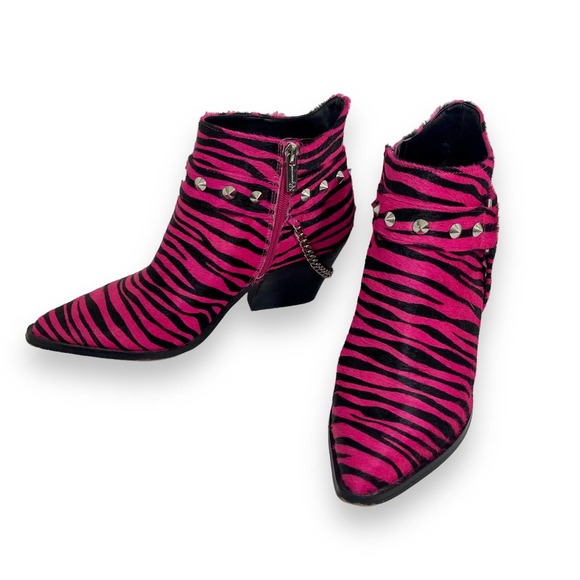 Jessica Simpson Shoes - Pink animal print cowhide boots size 8 studded harness chain ankle moto booties